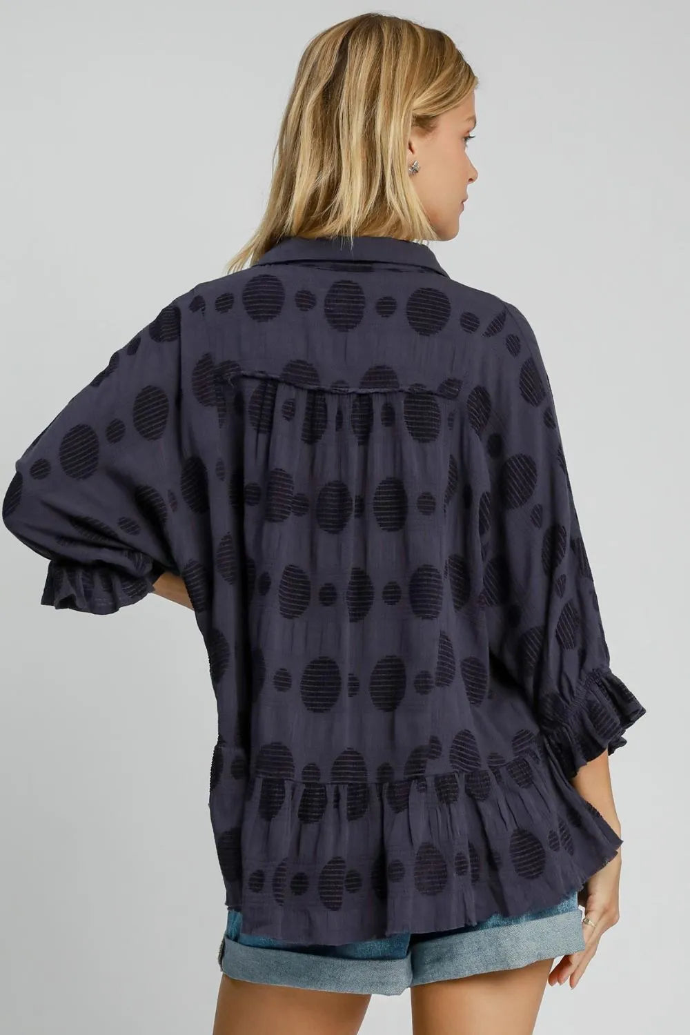 Umgee Full Size Swiss Dot Half Button Flounce Sleeve Blouse Plus Size