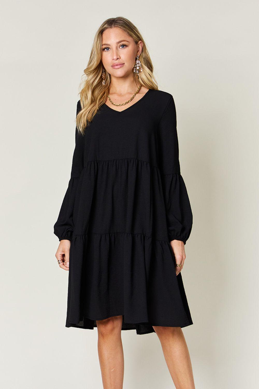 Double Take Full Size V-Neck Balloon Sleeve Tiered Dress with Pockets Black
