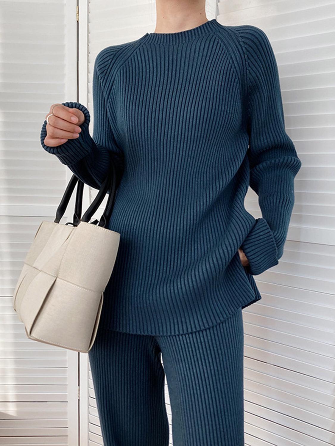 Mock Neck Raglan Sleeve Top and Pants Sweater Set French Blue One Size