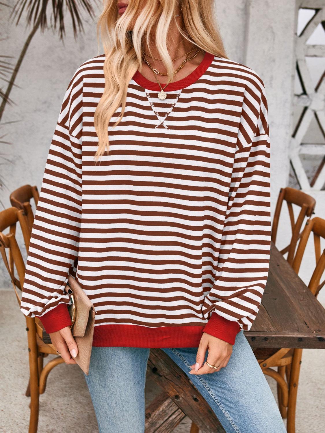 Lovelet Contrast Striped Long Sleeve Sweatshirt Dark Brown