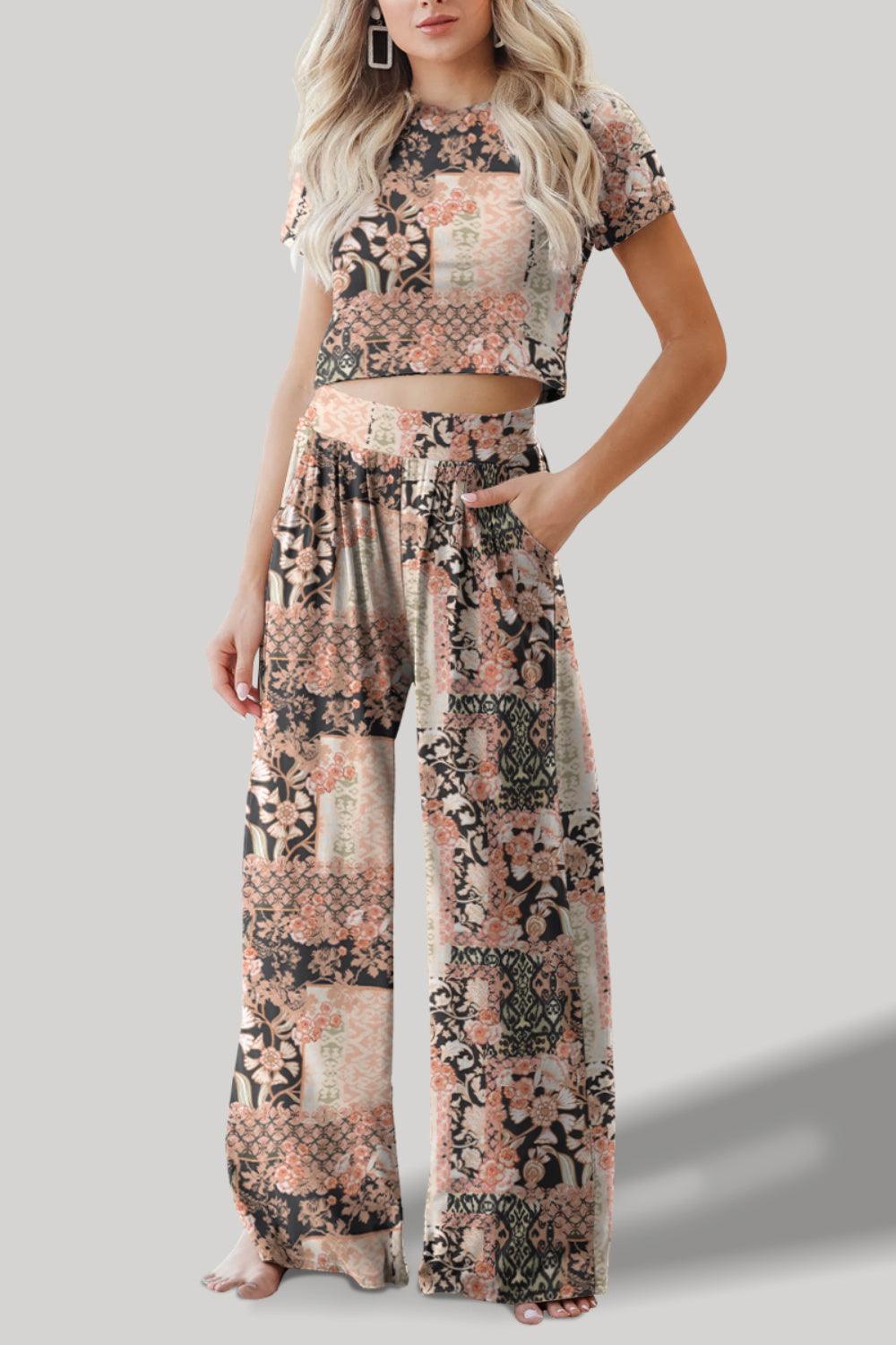 Printed Round Neck Short Sleeve Top and Pants Set Multicolor