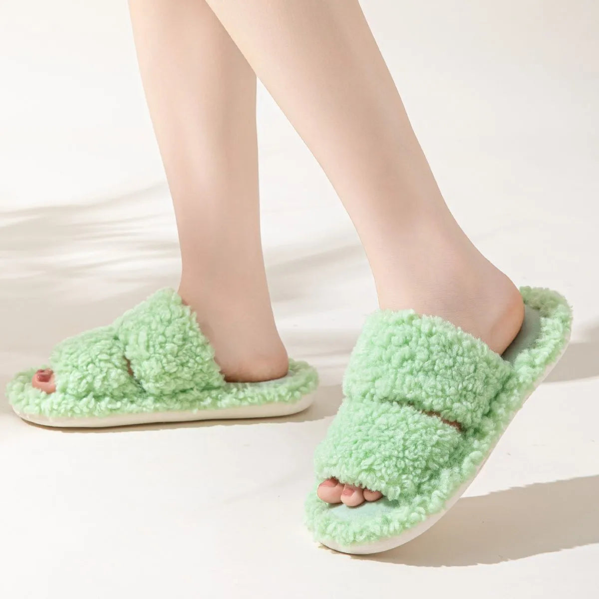 Open Toe Flats Slippers Light Green