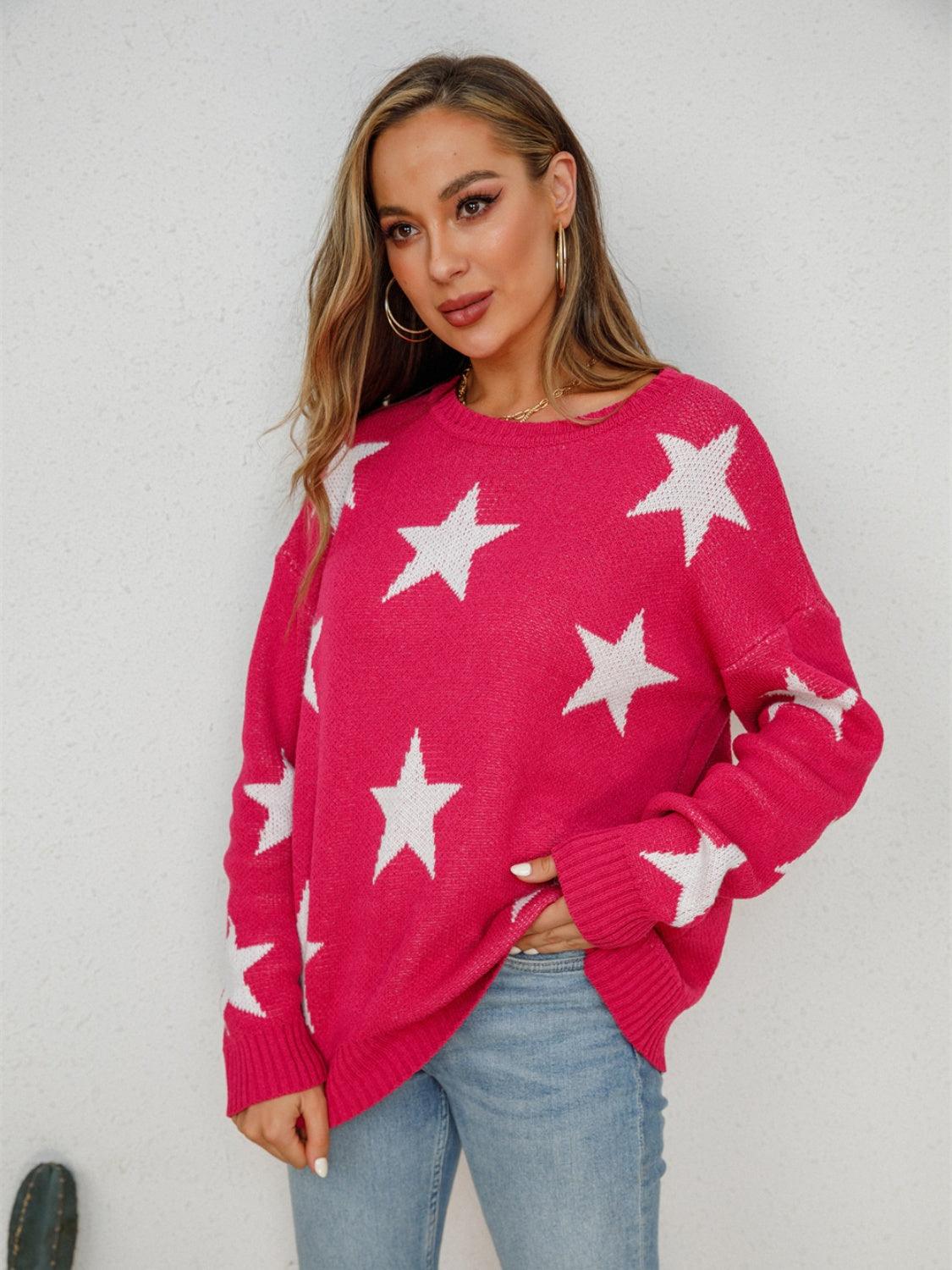 Angel Wings Star Round Neck Dropped Shoulder Sweater Red
