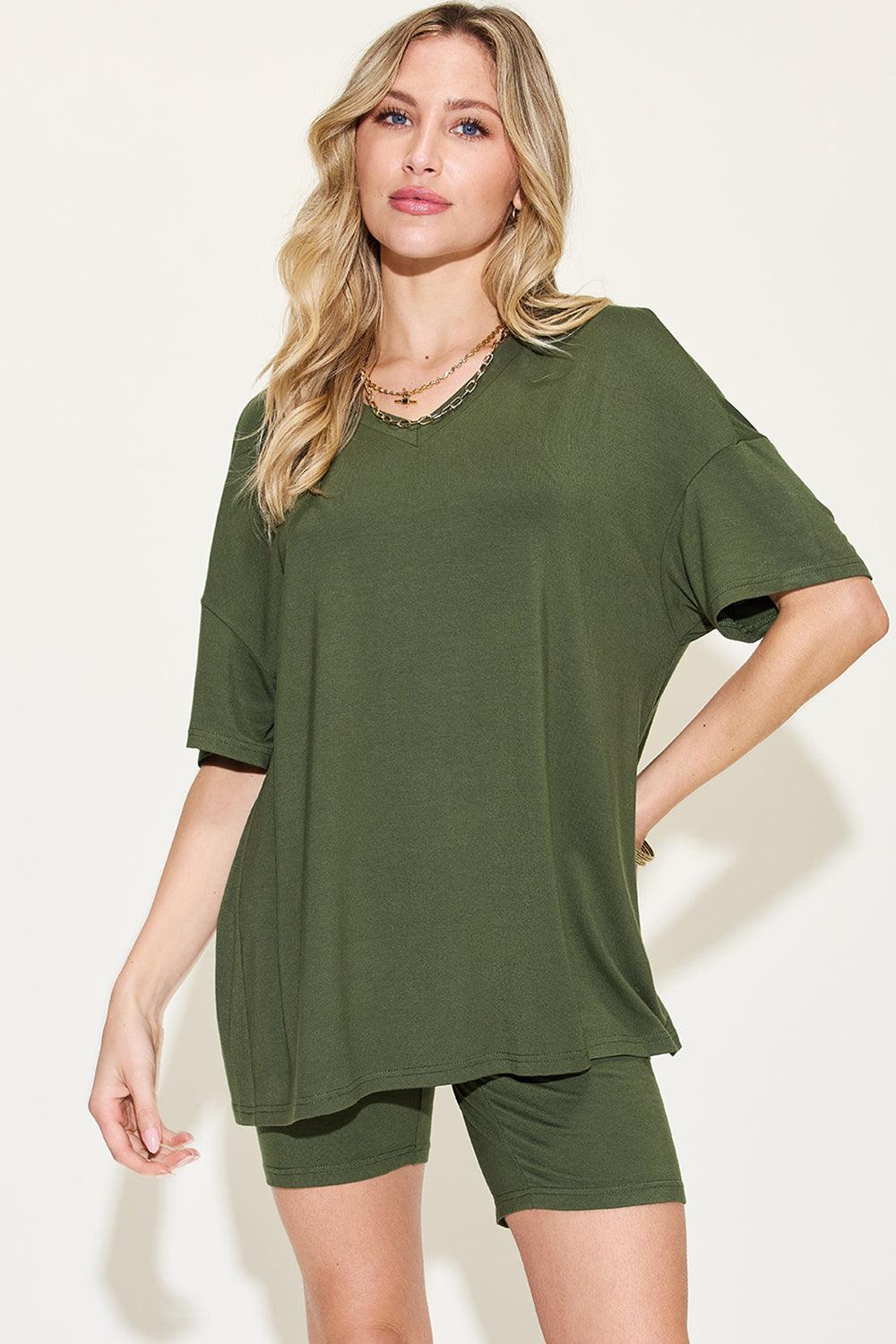 Basic Bae V-Neck T-Shirt and Shorts Set - Full Size Drop Shoulder Outfit Matcha Green