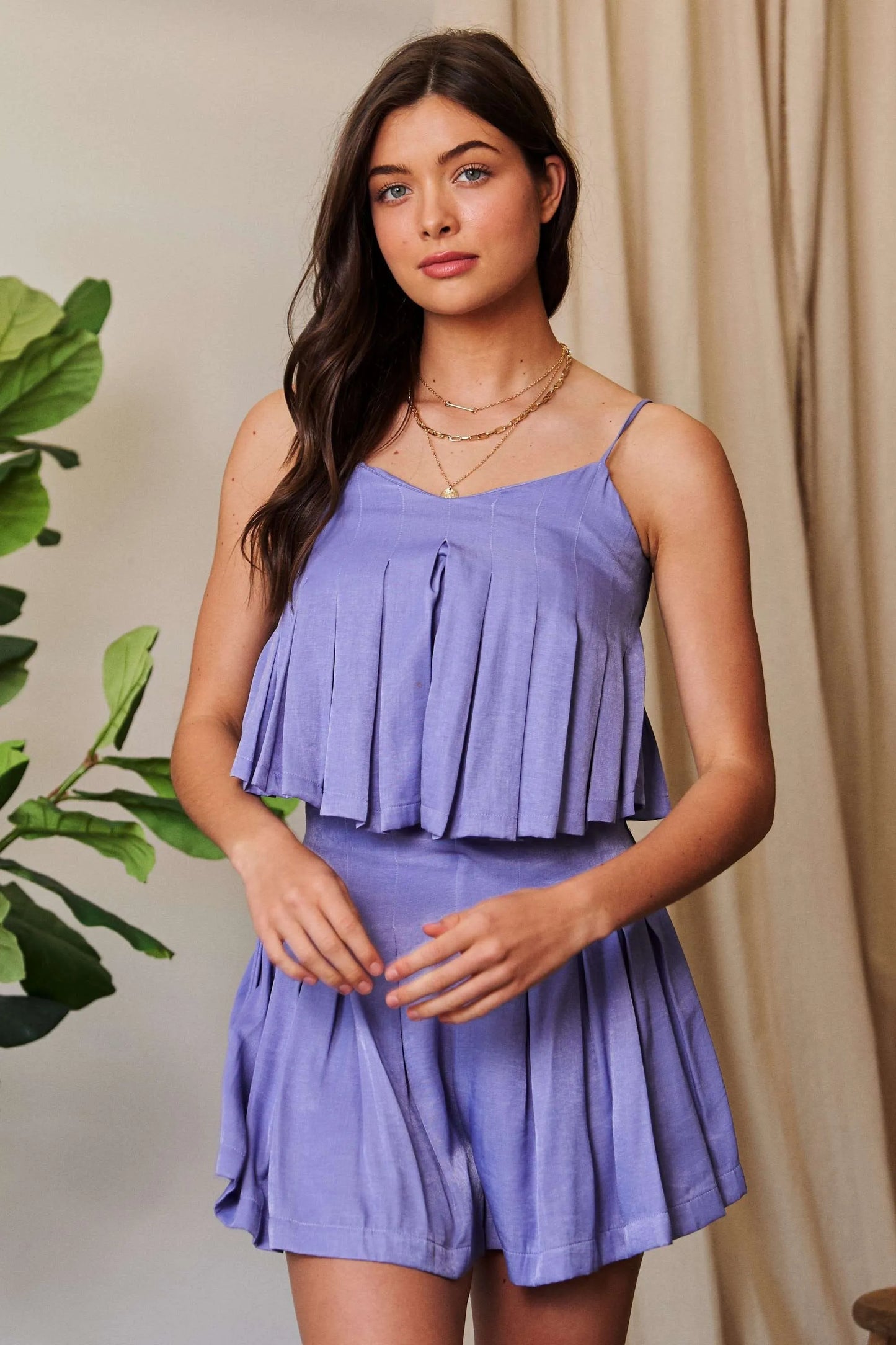 Davi & Dani Pleated Body Elastic Back Babydoll Strappy Top