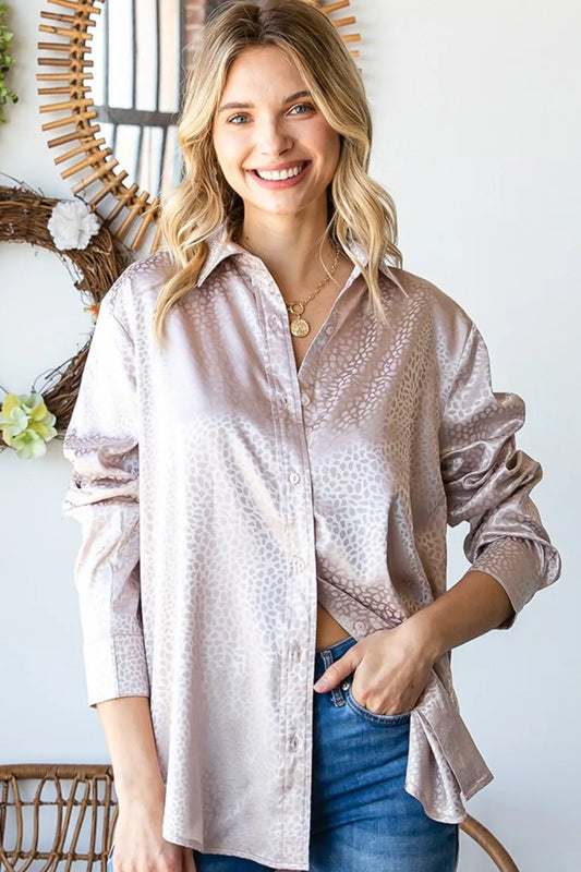 First Love Full Size Ditsy Dot Button Down Collared Satin Shirt Sand
