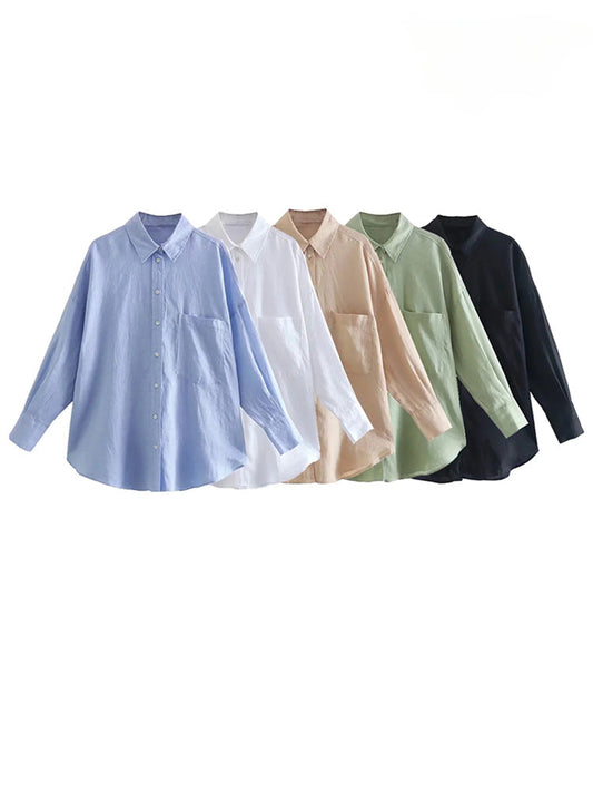 Women's Oversized Linen Shirt - Vintage Long Sleeve Pocket Blouse