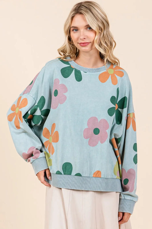 Mittoshop Mineral Wash Flower Print French Terry Sweatshirt