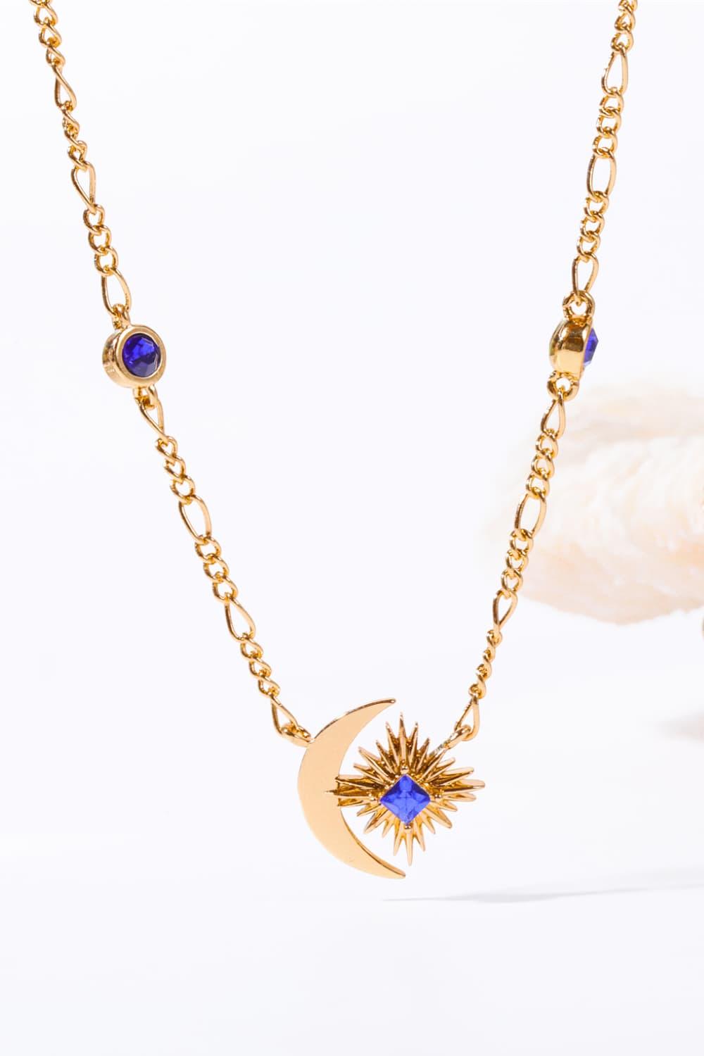 Moon & Star Shape Zircon Pendant Necklace Gold One Size