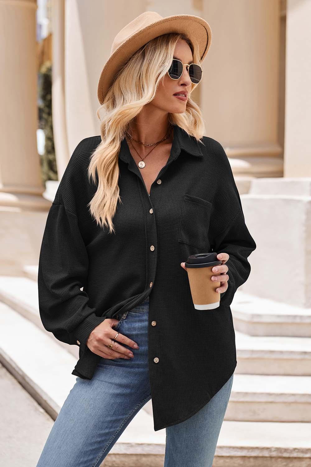 Mandy Collared Neck Dropped Shoulder Shirt Black