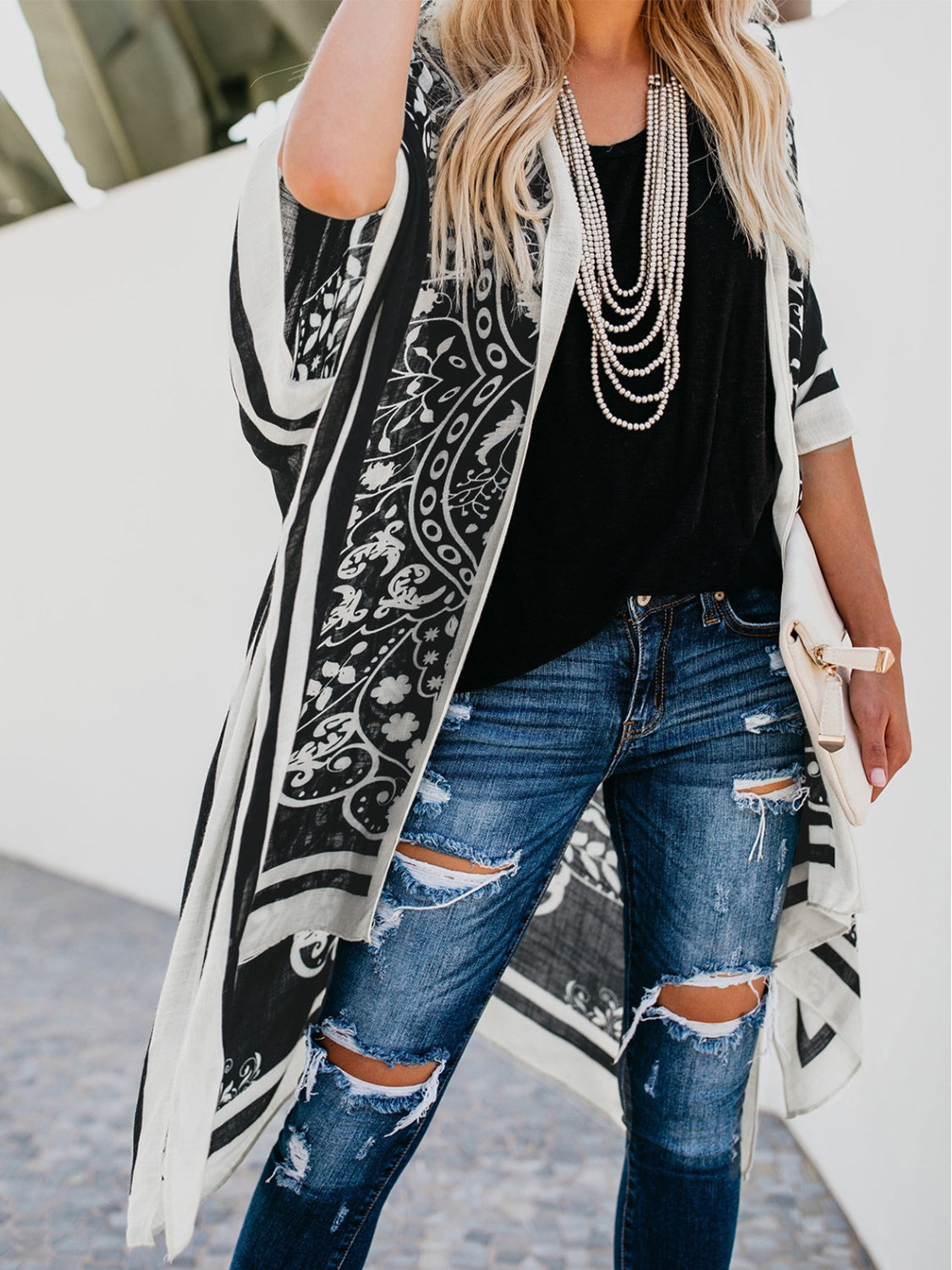 Printed Open Front Cover-Up Black One Size