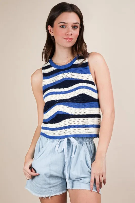 VERY J Multi Color Stripe Knit Crop Tank Navy