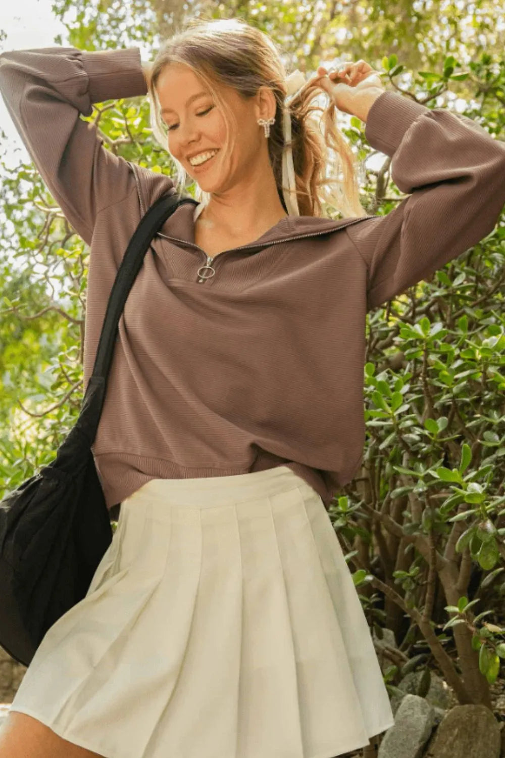 Umgee Full Size Ribbed Knit Half Zipper Sweatshirt Plus Size Brown