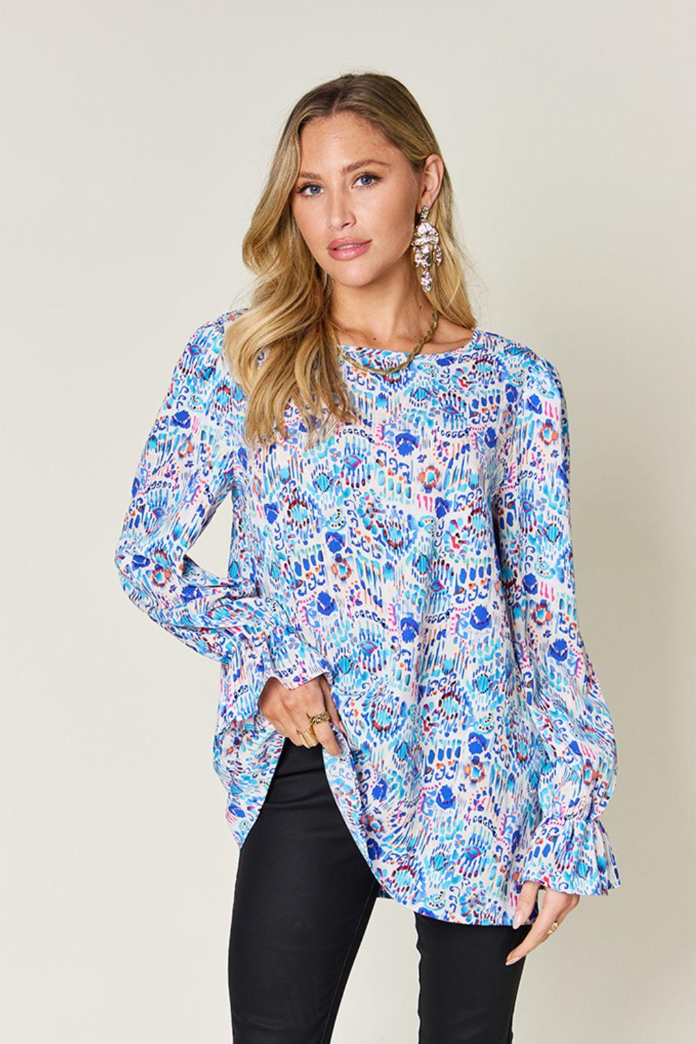 Double Take Full Size Printed Flounce Sleeve Blouse Sky Blue