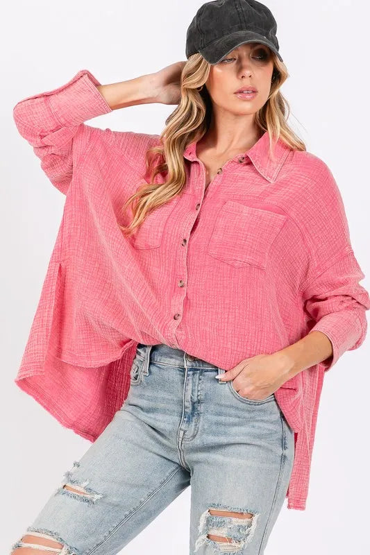 SAGE + FIG Frayed Hem Side Slit Button Down Shirt