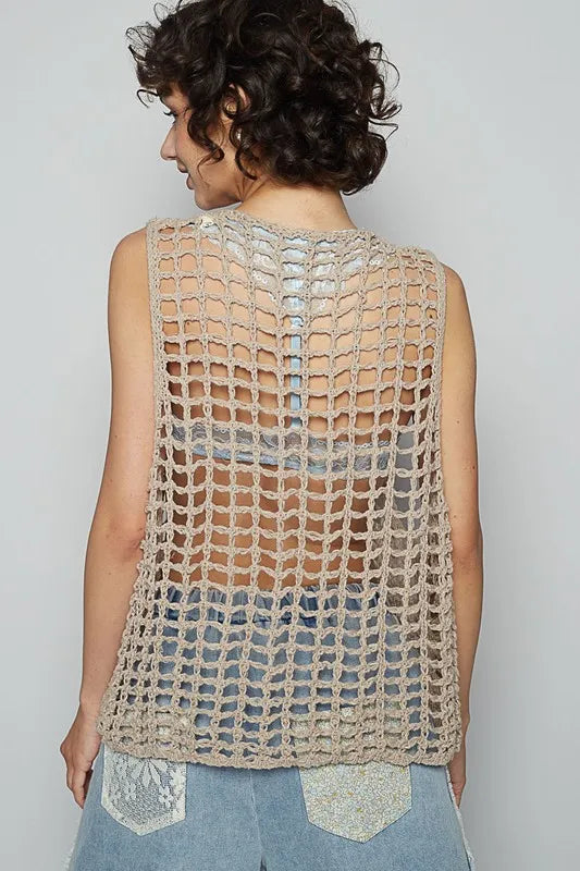 POL Flower Crochet Scoop Neck Sleeveless Knit Cover Up