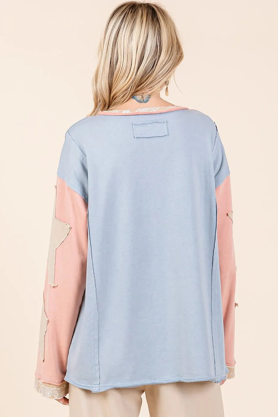 Mittoshop Star Patch Long Sleeve Colorblock Mineral Wash Top