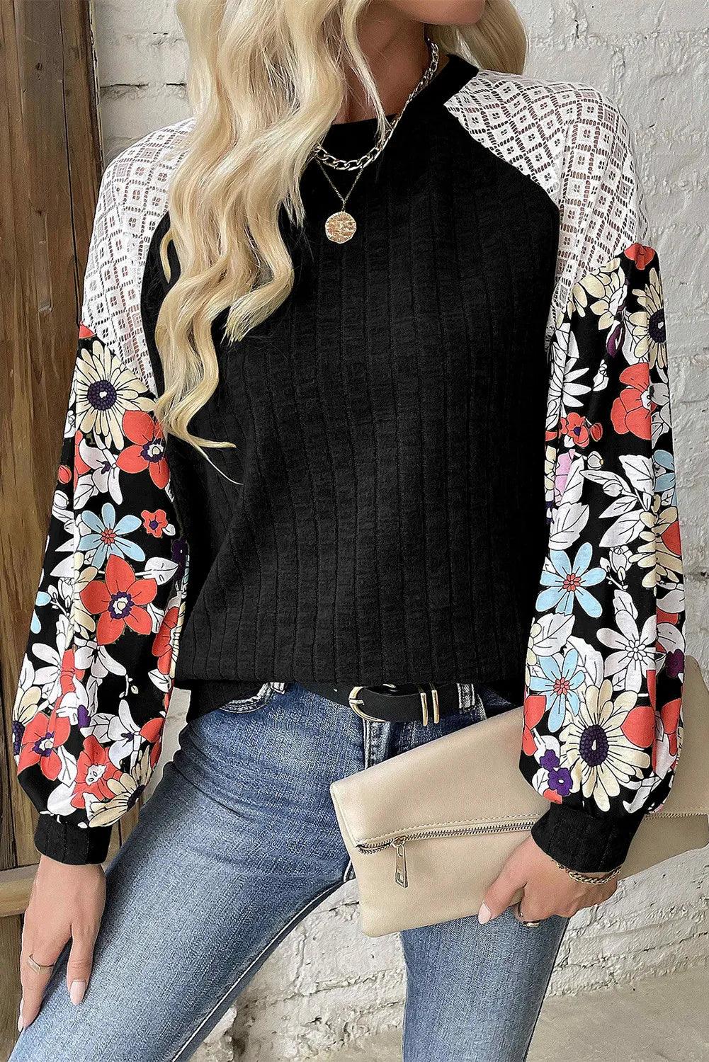 Printed Round Neck Long Sleeve Top Black