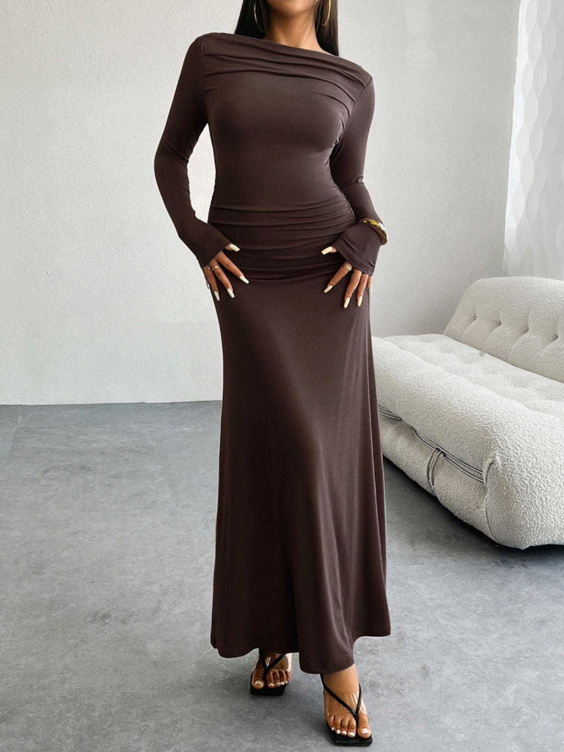 Ruched Long Sleeve Maxi Dress Coffee Brown