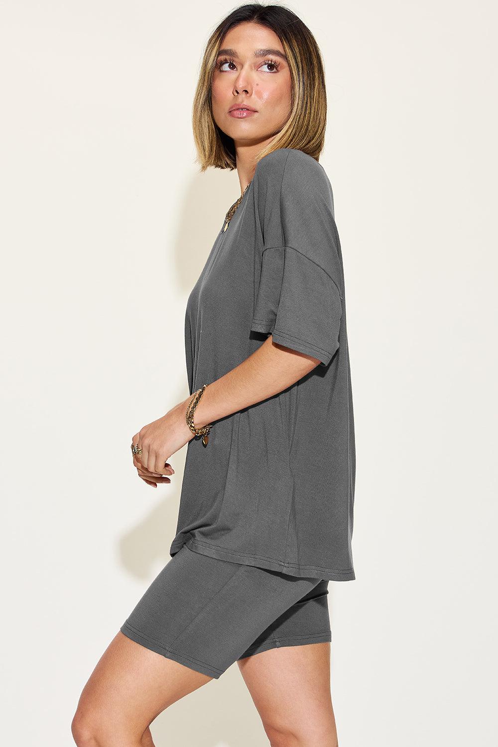 Basic Bae V-Neck T-Shirt and Shorts Set - Full Size Drop Shoulder Outfit