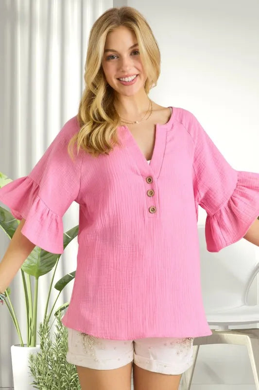 ADORA Ruffle Sleeve Crinkle Top CANDY PINK