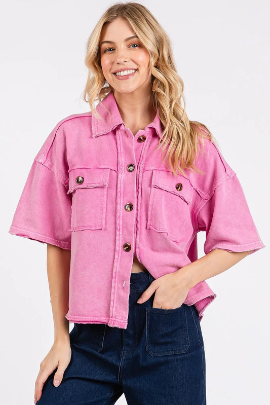 Mittoshop Mineral Wash Boxy Short Sleeve Button Down Shirt BUBBLEGUM