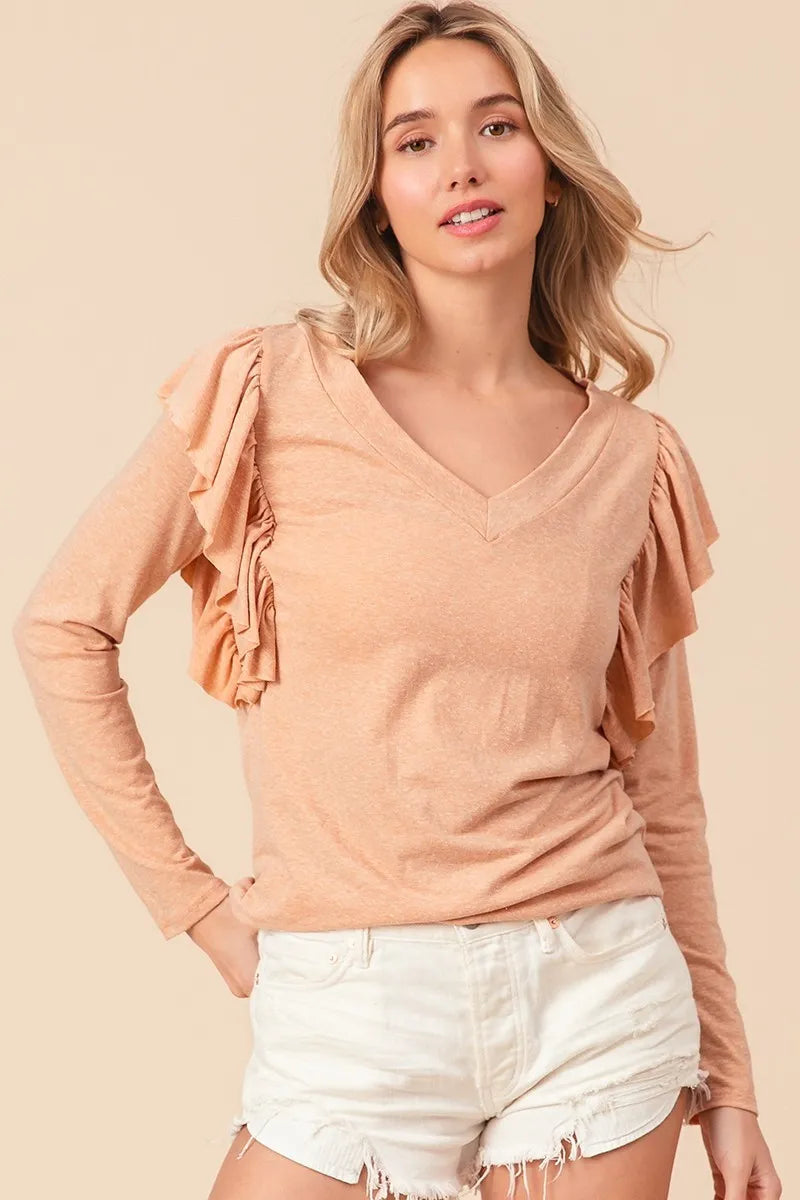 BiBi Triblend V Neck Top with Shoulder Shrring Detail PEACH