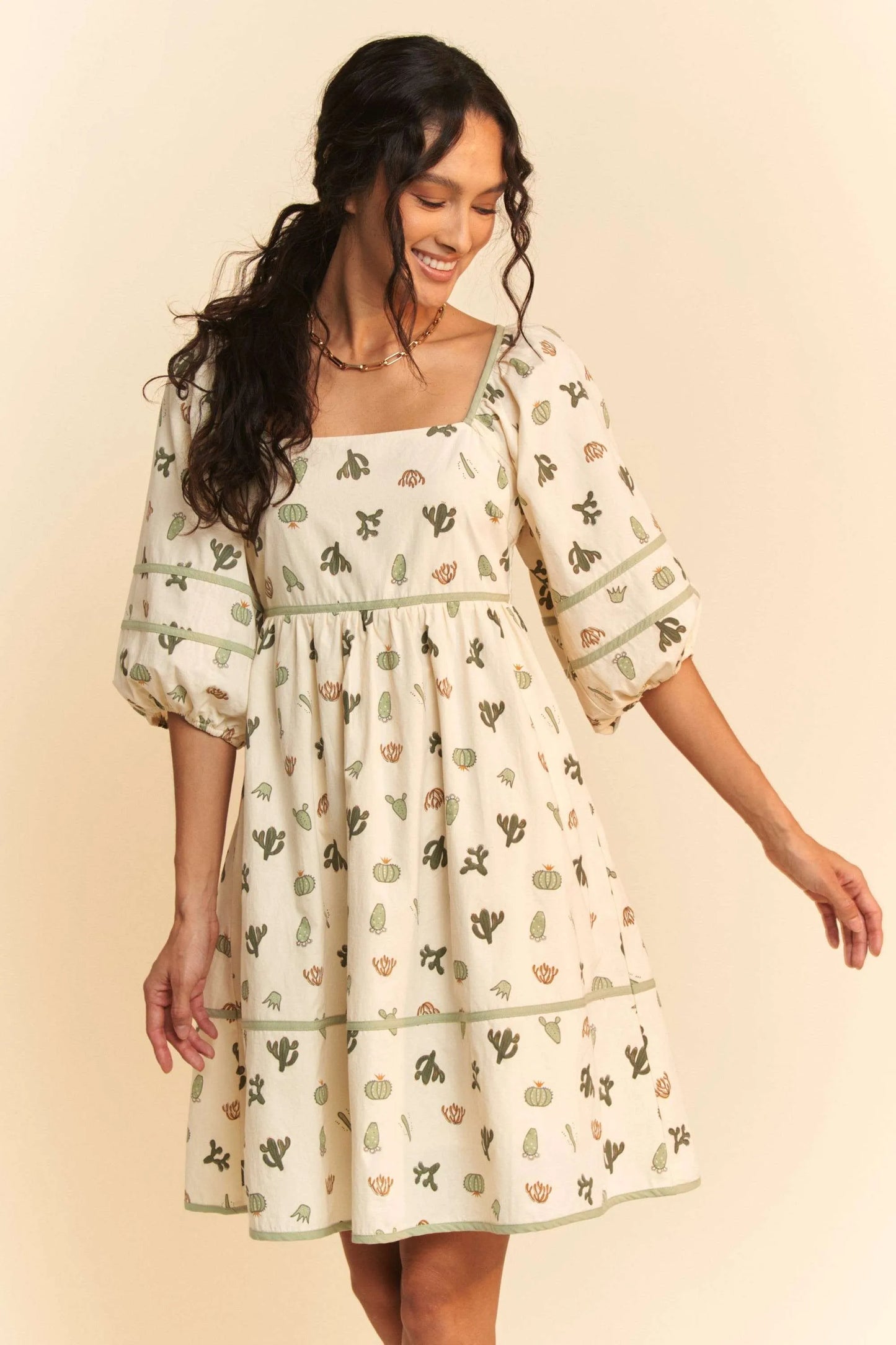 Davi & Dani Cactus Printed Poplin Contrast Piping Mini Dress CREAM GREEN