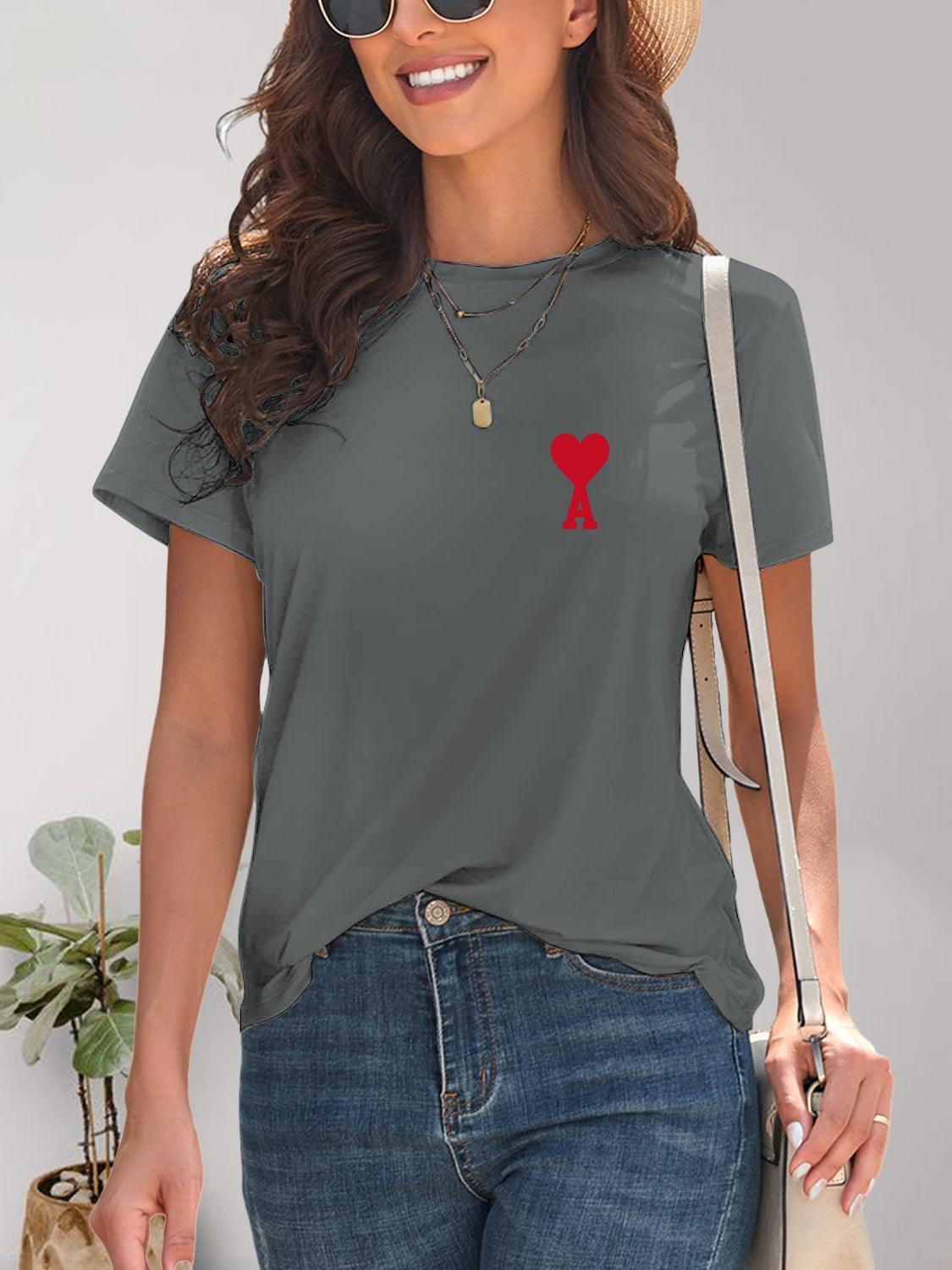 Heart Round Neck Short Sleeve T-Shirt Charcoal
