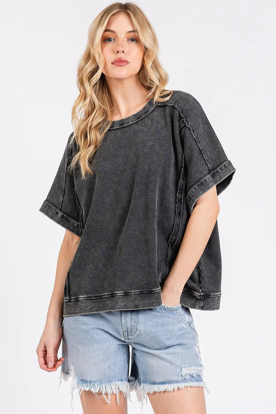 Mittoshop Mineral Wash French Terry Crew Neck Casual Top