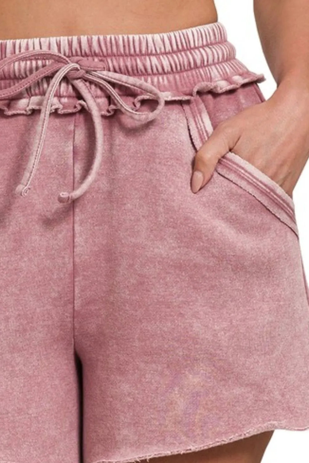 Zenana Acid Wash Fleece Drawstring Shorts With Pockets