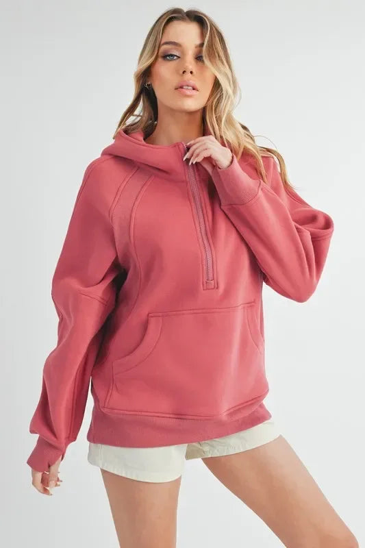 Aemi+Co Half Zip Raglan Sleeve Hoodie with Kangaroo Pocket