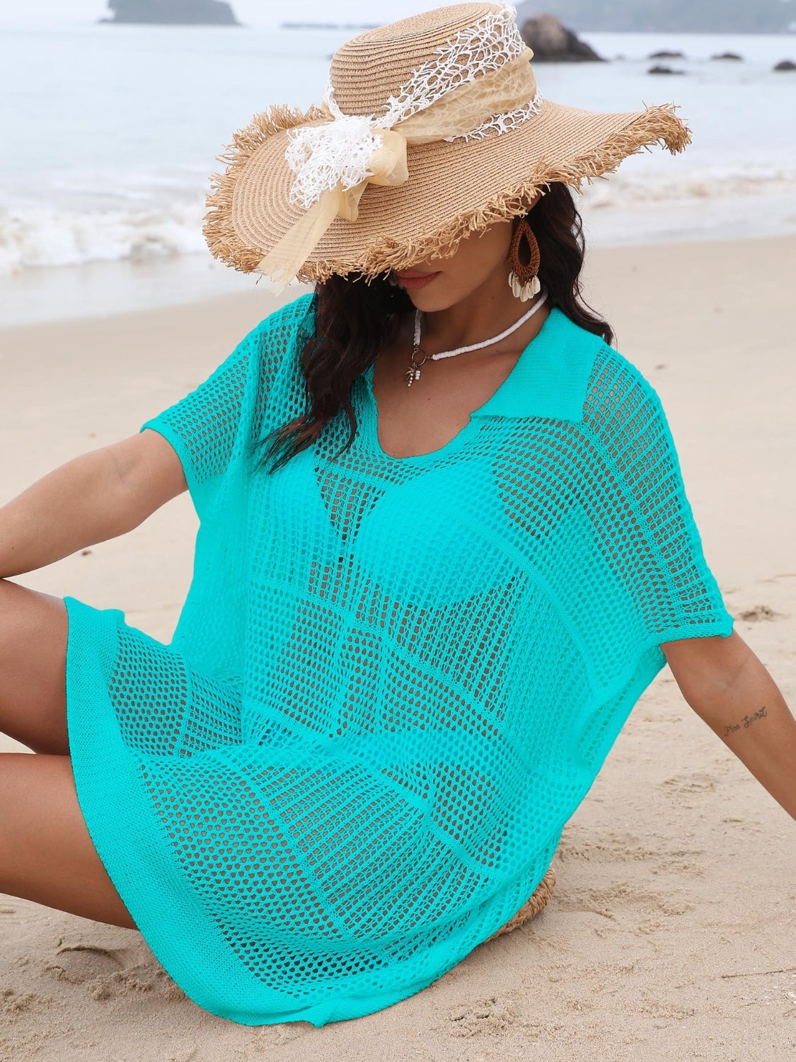 Hollow Out Collared Neck Cover-Up Aqua One Size