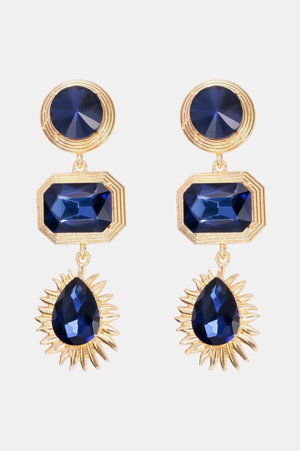 Geometrical Shape Zinc Alloy Frame Glass Dangle Earrings Royal Blue One Size