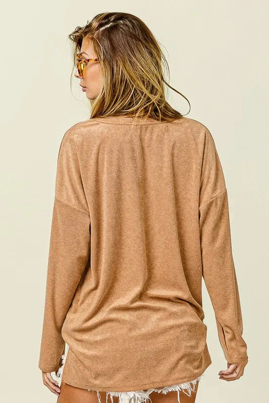 BiBi Loop Terry Solid V Neck Pocket Top