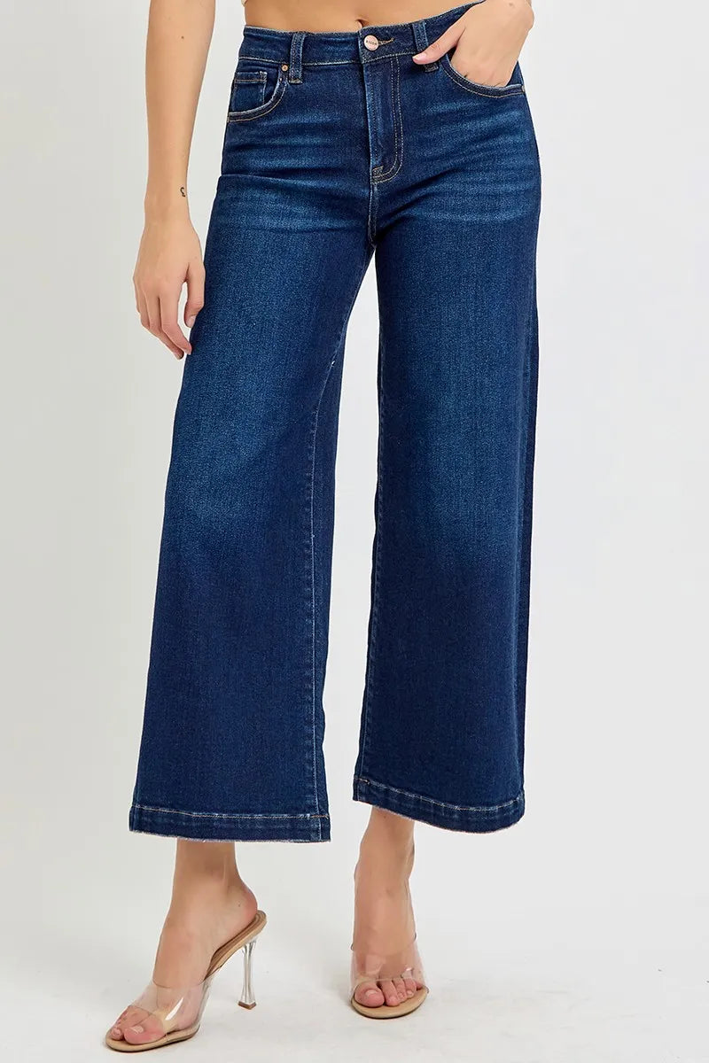 RISEN High Rise Crop Wide Jeans DARK