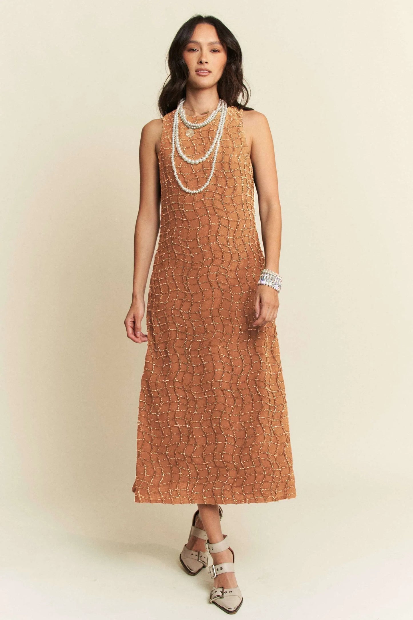 Davi & Dani Golden Textured Zippered Midi Dress