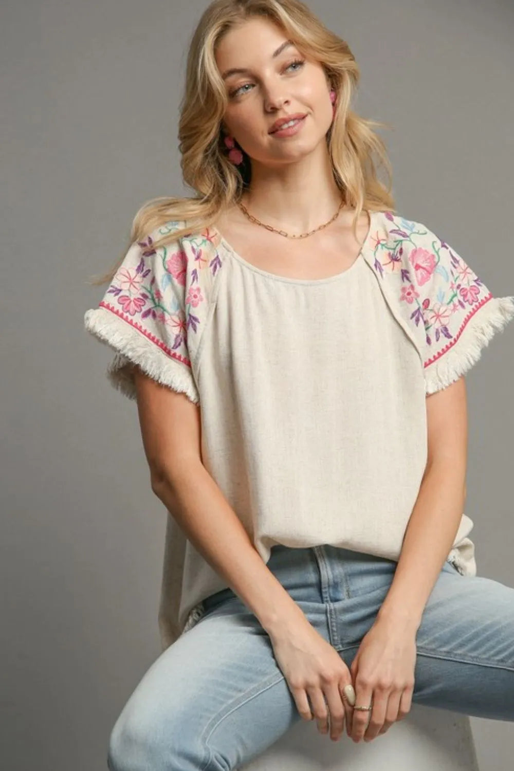 Umgee Full Size Linen Round Neck High Low Hem Frayed Top Plus Size OATMEAL