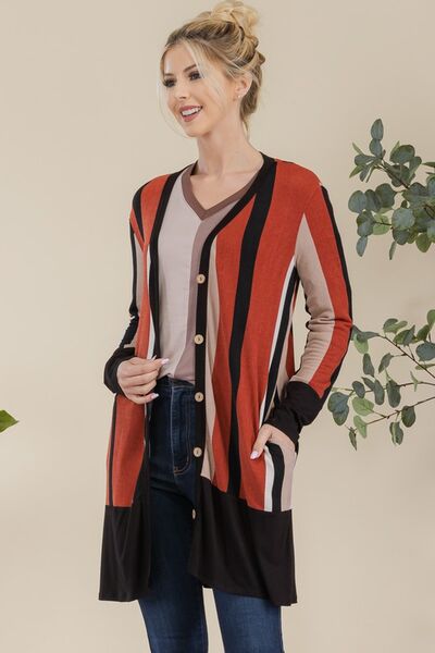 Celeste Full Size Striped Button Up Long Sleeve Cardigan Plus Size