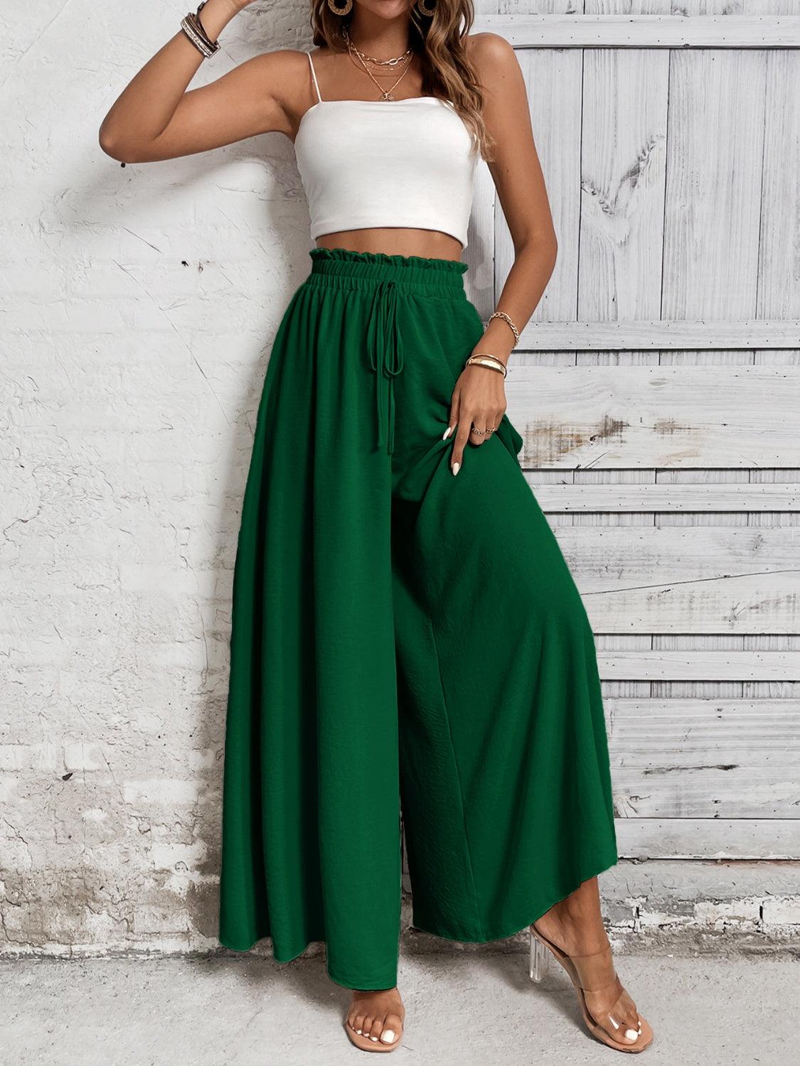 Honey Tied High Waist Wide Leg Pants Dark Green