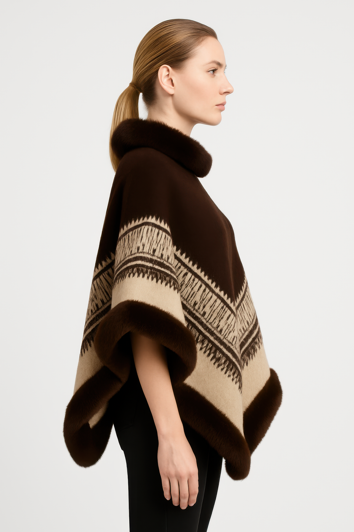 Chevron Trim Poncho With Faux Fur Collar