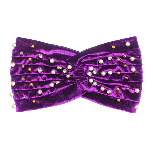 Crystal Pearl Detailed Twisted Velvet Headband Earmuff