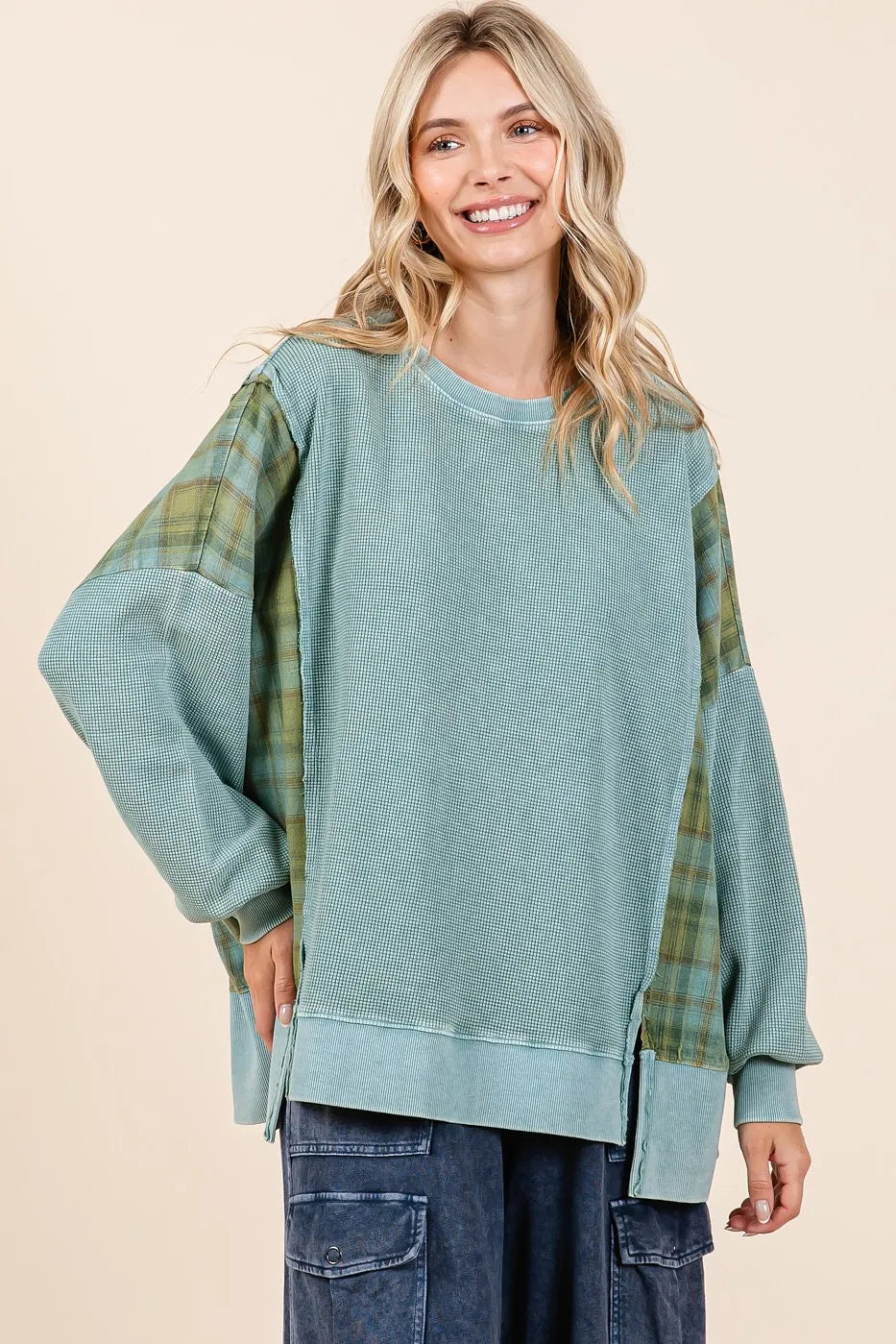 Mittoshop Plaid Panel Mineral Wash French Terry Sweatshirt SEA BLUE