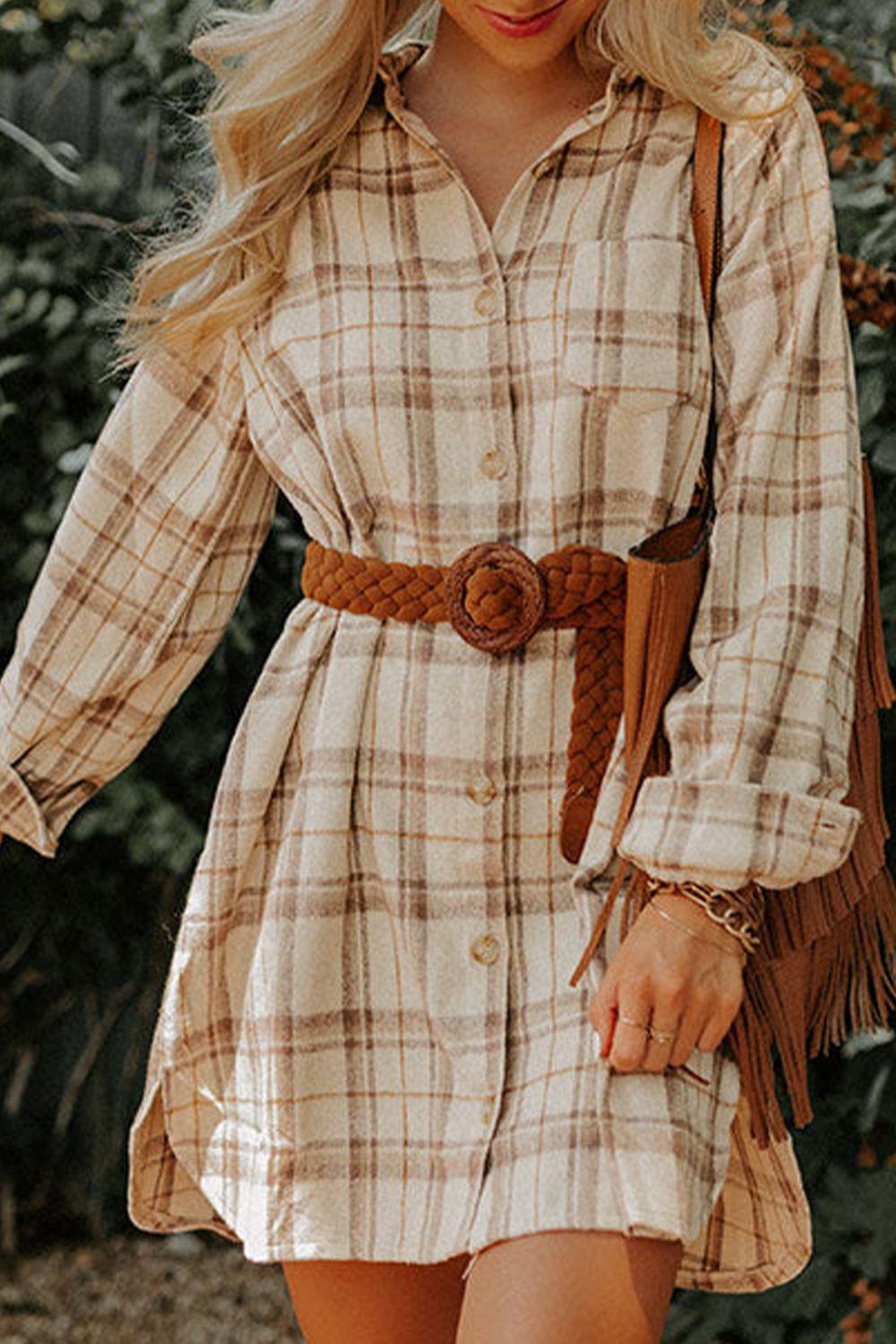 Plaid Collared Neck Long Sleeve Mini Shirt Dress Plaid