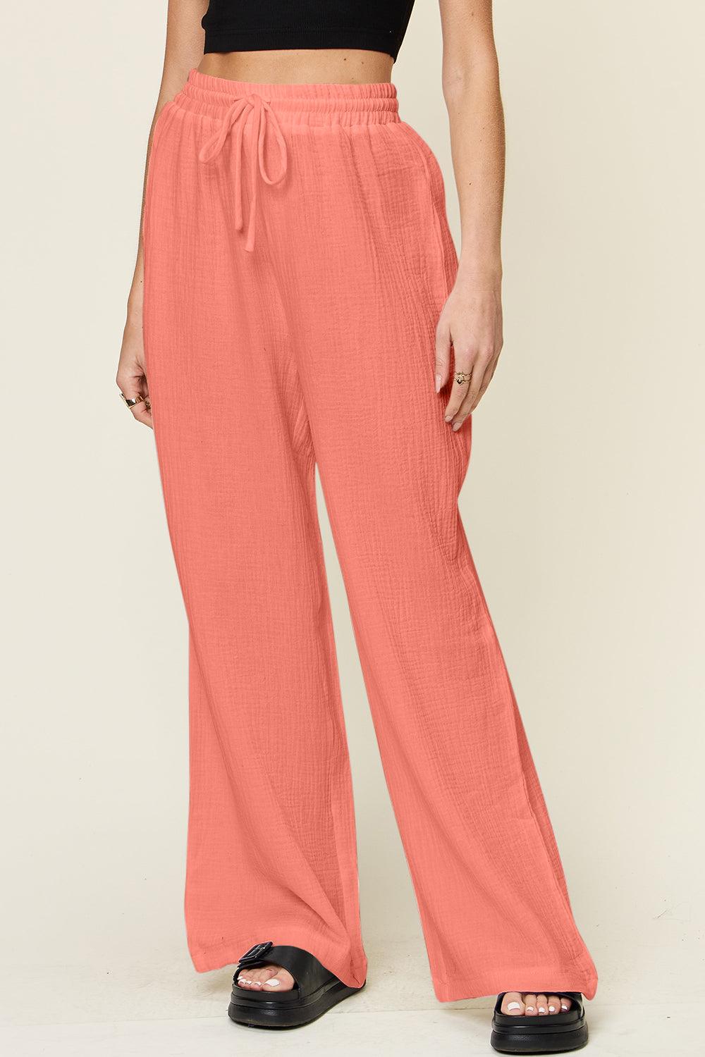 Double Take Full Size Texture Drawstring Wide Leg Pants Watermelon pink