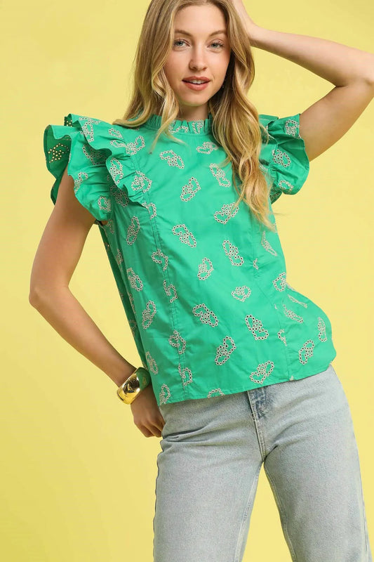 Umgee Eyelet Ruffle Cap Sleeve Blouse Green