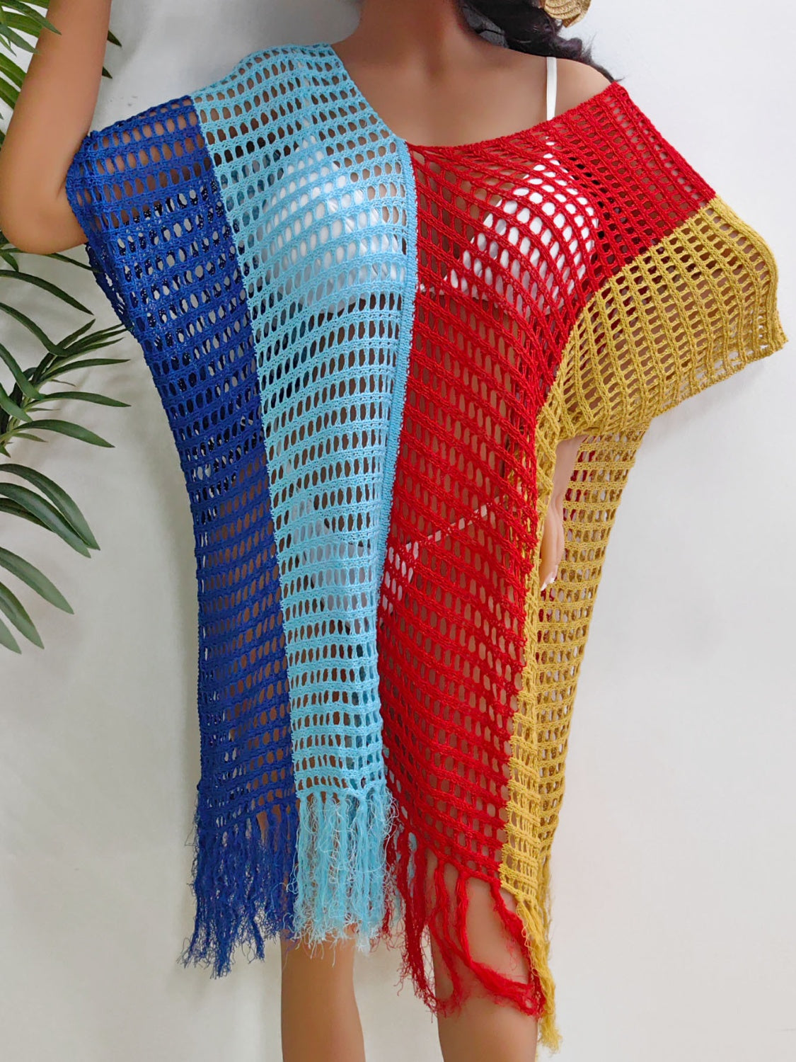 Fringe Color Block Scoop Neck Cover Up Royal Blue One Size