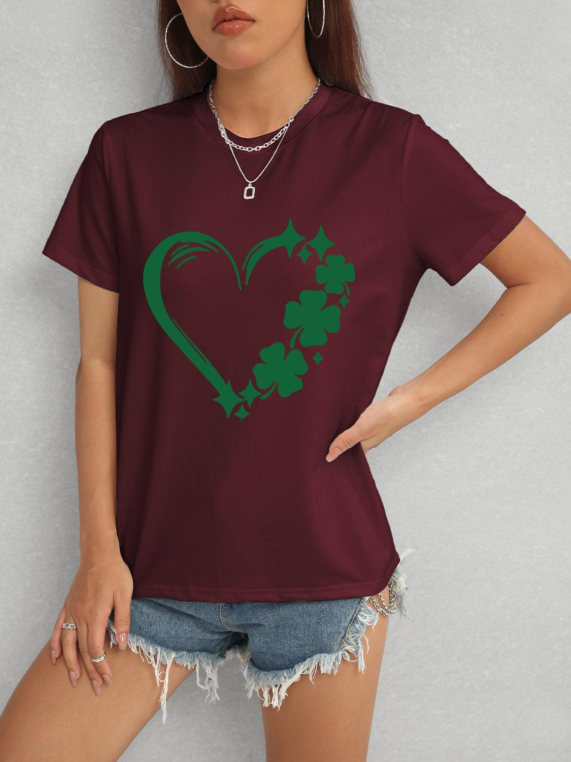Heart Lucky Clover Round Neck Short Sleeve T-Shirt Wine