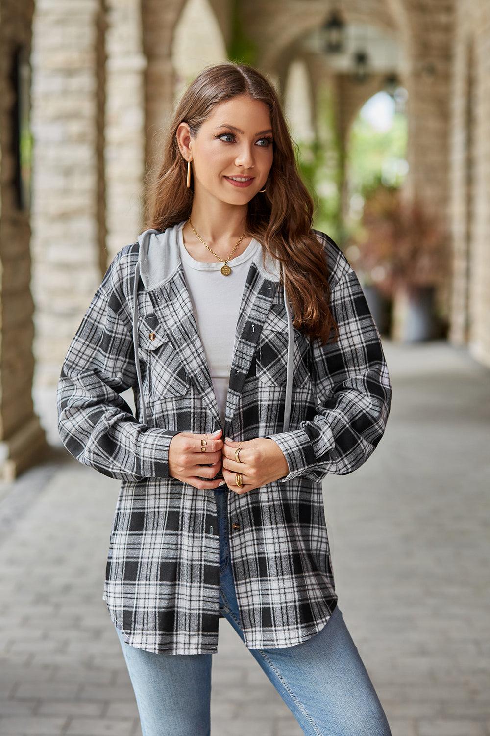 Mandy Plaid Long Sleeve Hooded Jacket Dark Gray