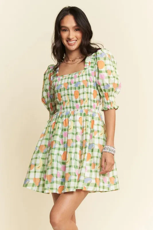 Davi & Dani Fruits Printed Smocking Mini Dress